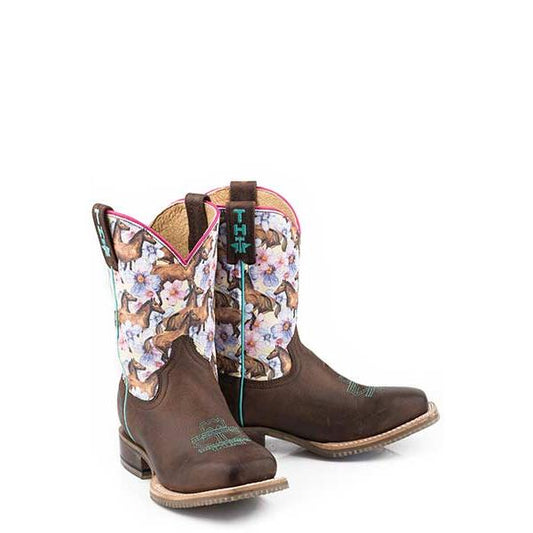Tin Haul Chestnut & Daisy Kids Square Toe Western Boots- Brown
