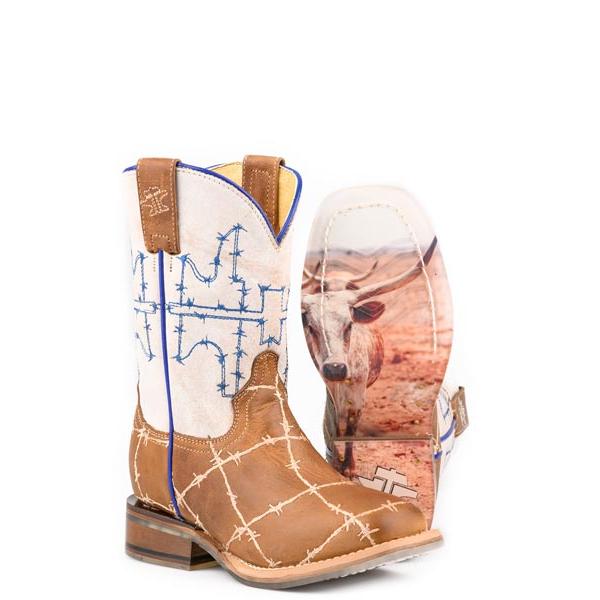 Tin Haul Rustler Proof Kids Square Toe Western Boots- Brown