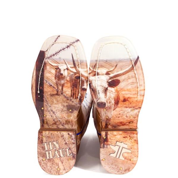 Tin Haul Rustler Proof Kids Square Toe Western Boots- Brown