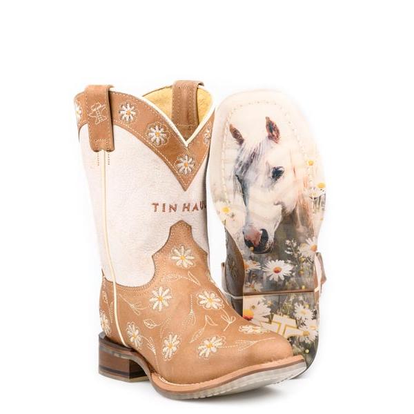 Tin Haul Little Kids Square Toe Daisy Dots Boots- Tan