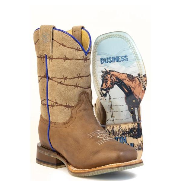 Tin Haul Razor Kids Square Toe Western Boots- Brown