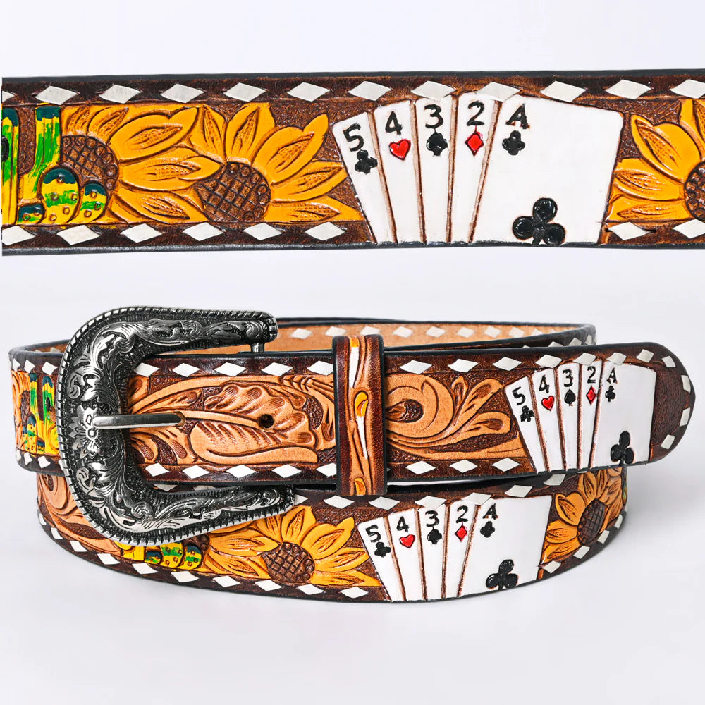 American Darling Leather Hand-Tooled Belt - Cards/Sunflowers/Cactus