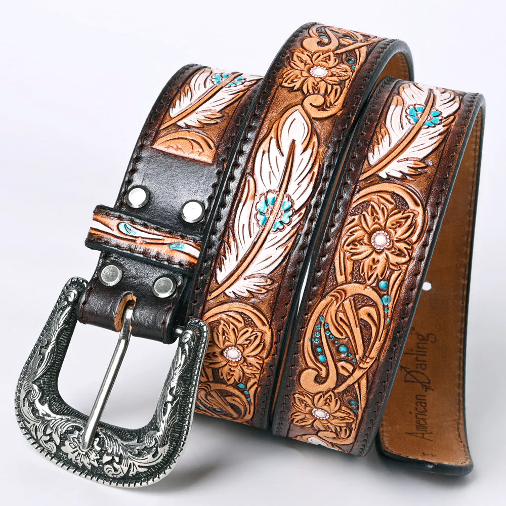 American Darling Unisex Leather Hand-Tooled Belt - White Feather with Turquoise Flower