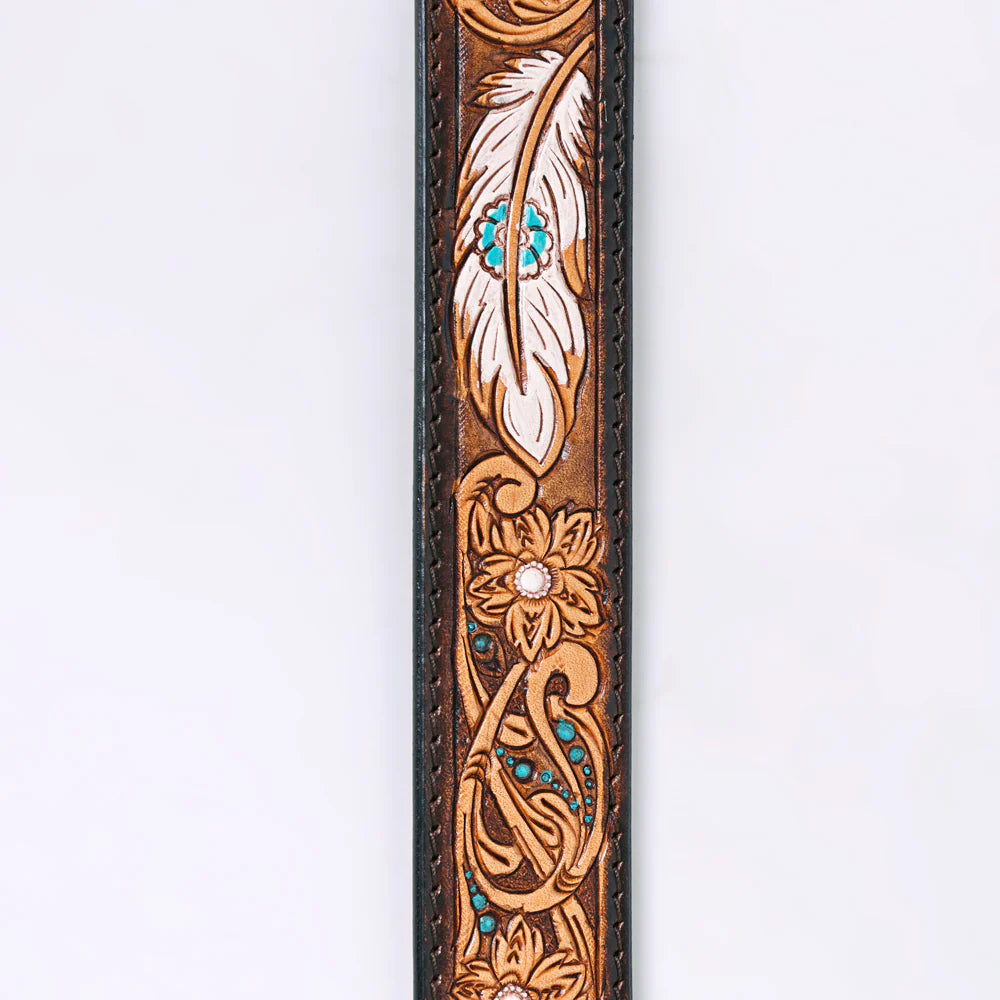 American Darling Unisex Leather Hand-Tooled Belt - White Feather with Turquoise Flower