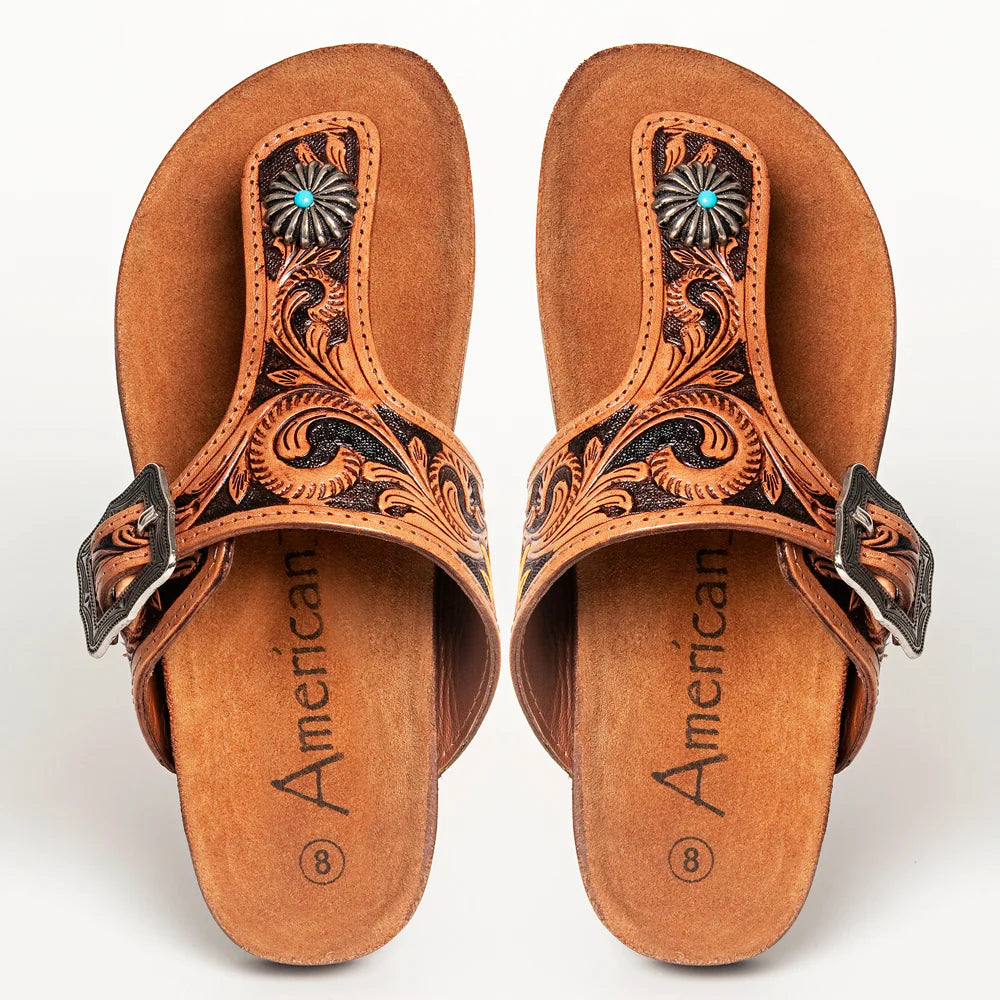 American Darling Leather Hand-Tooled Sandals - Antiqued Tan