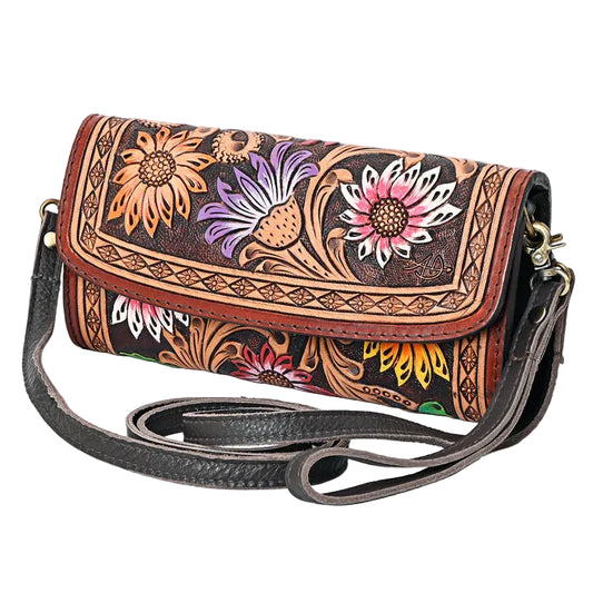 American Darling Sunflower Painted Tooled Leather Crossbody