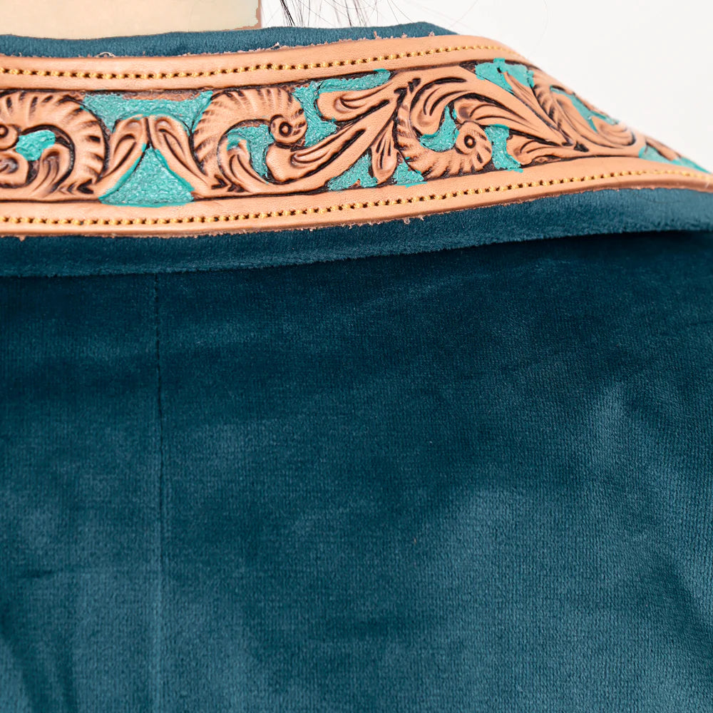 American Darling Women's Blazer w/Leather Lapels - Tan w/Turquoise Inlay