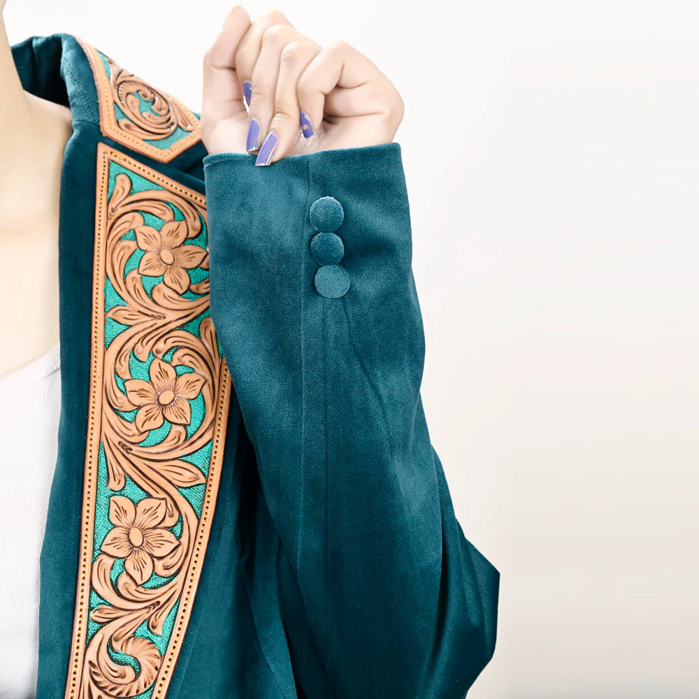 American Darling Women's Blazer w/Leather Lapels - Tan w/Turquoise Inlay