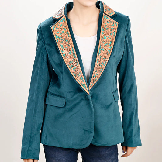 American Darling Women's Blazer w/Leather Lapels - Tan w/Turquoise Inlay