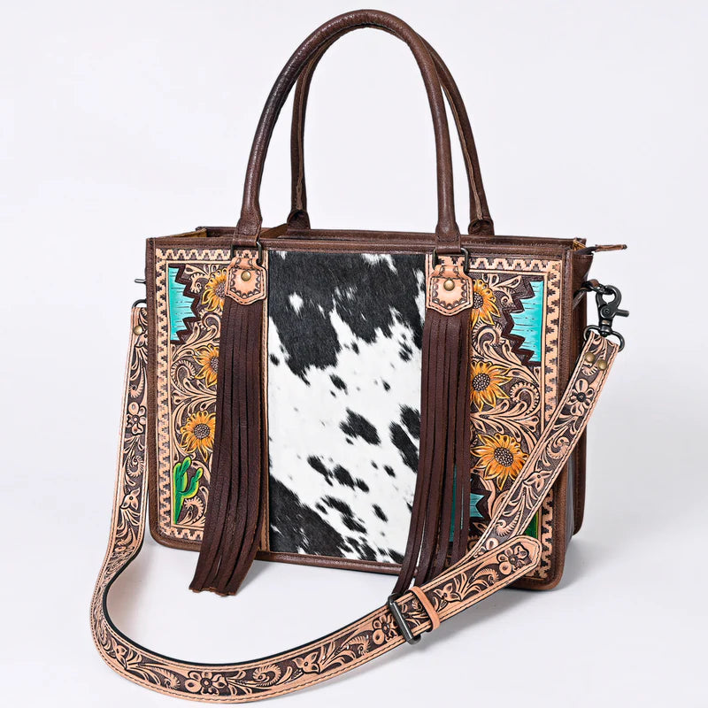 American Darling Western Tote Bag - Handcrafted Hair-On Cowhide & Hand-Tooled Leather
