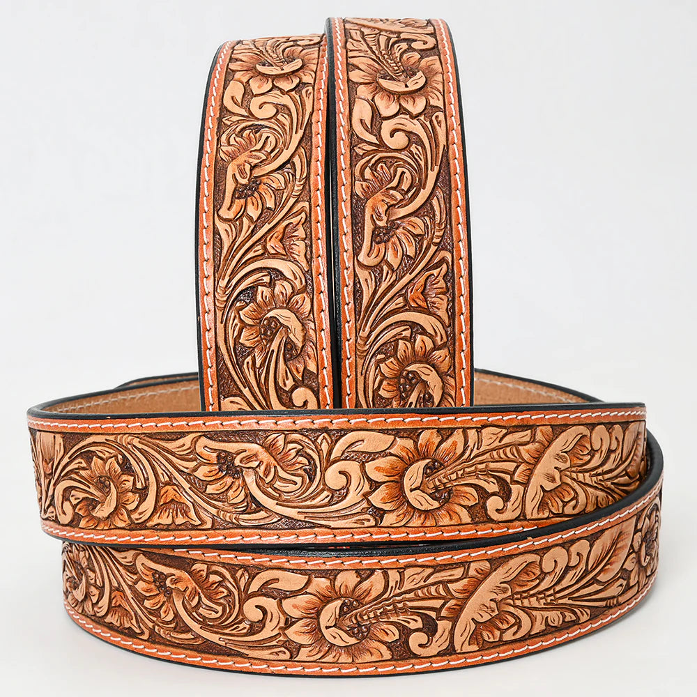 American Darling Tooled Leather Belt - Flower/Leaf Design - Brown