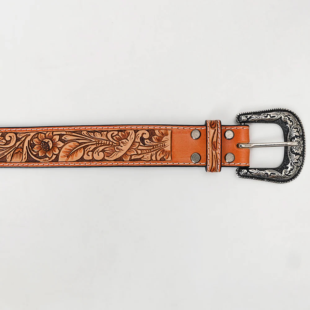 American Darling Tooled Leather Belt - Flower/Leaf Design - Brown