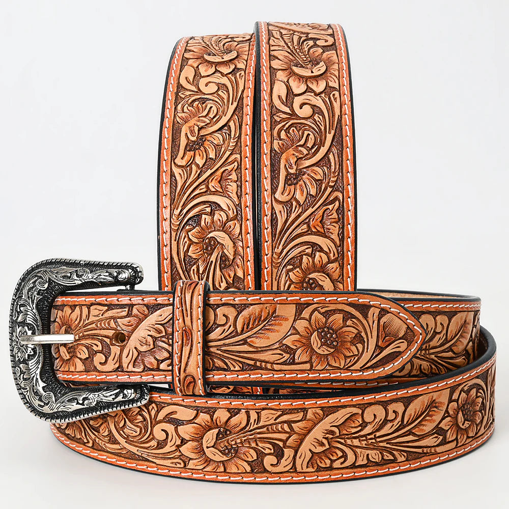 American Darling Tooled Leather Belt - Flower/Leaf Design - Brown