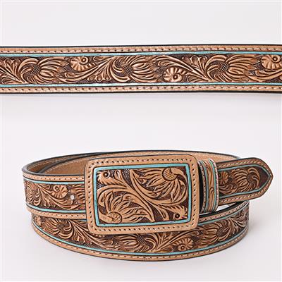 American Darling Leather Tooled Belt - Turquoise Border