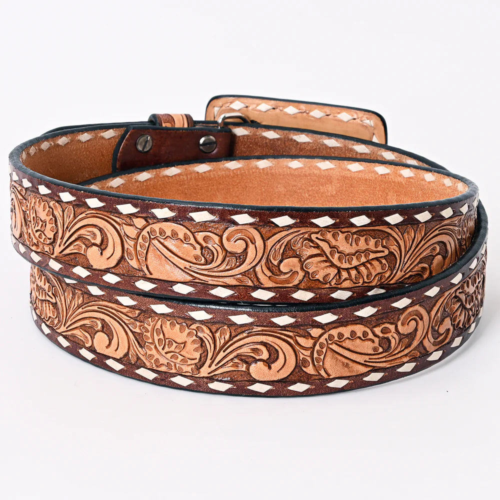 American Darling Tooled Leather Belt - Brown w/White Buckstitch Border