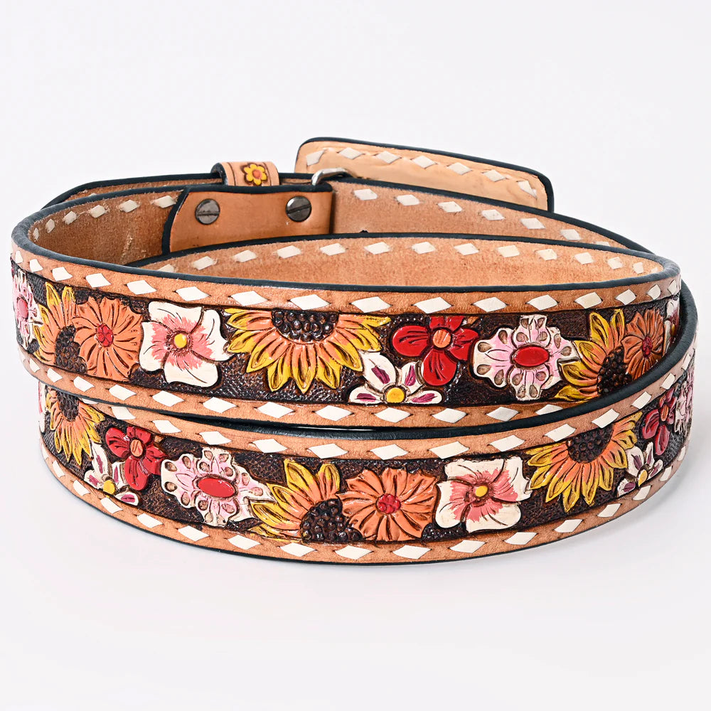 American Darling Tooled Leather Belt - Pink & Orange Flowers