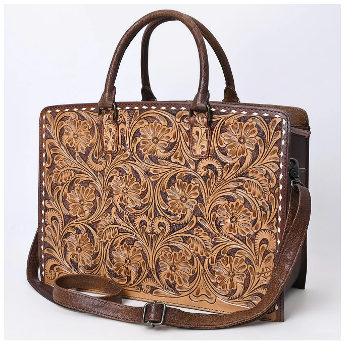 American Darling Hand Tooled Tote - Brown w/Tan