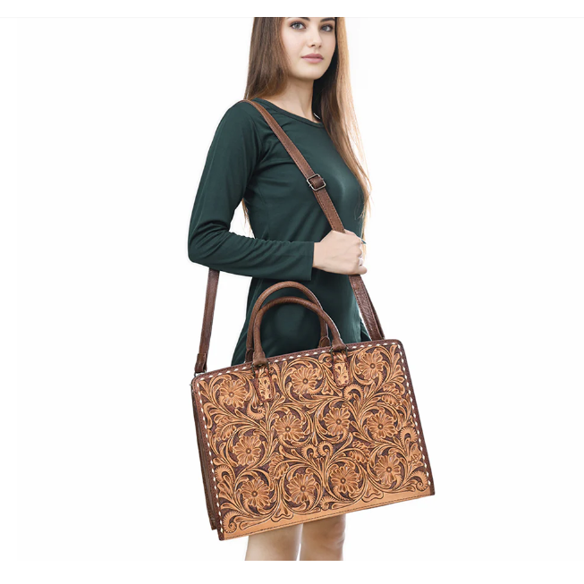 American Darling Hand Tooled Tote - Brown w/Tan