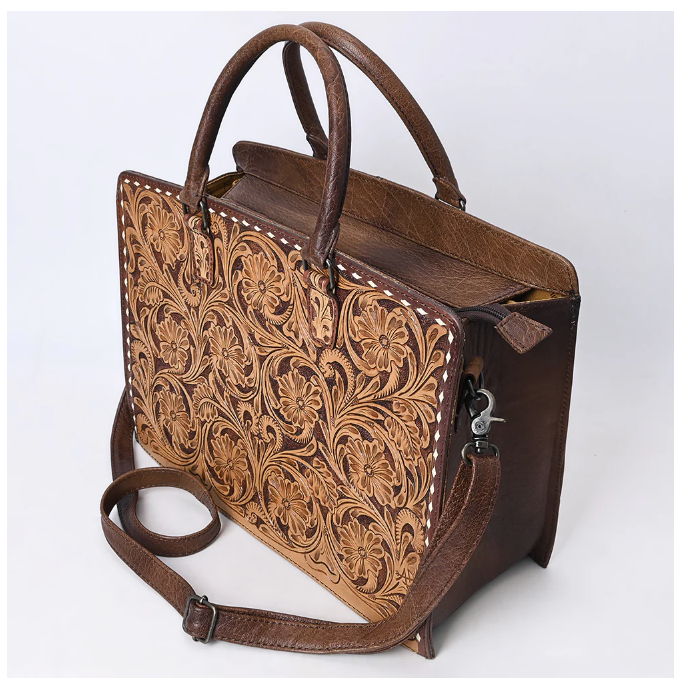 American Darling Hand Tooled Tote - Brown w/Tan