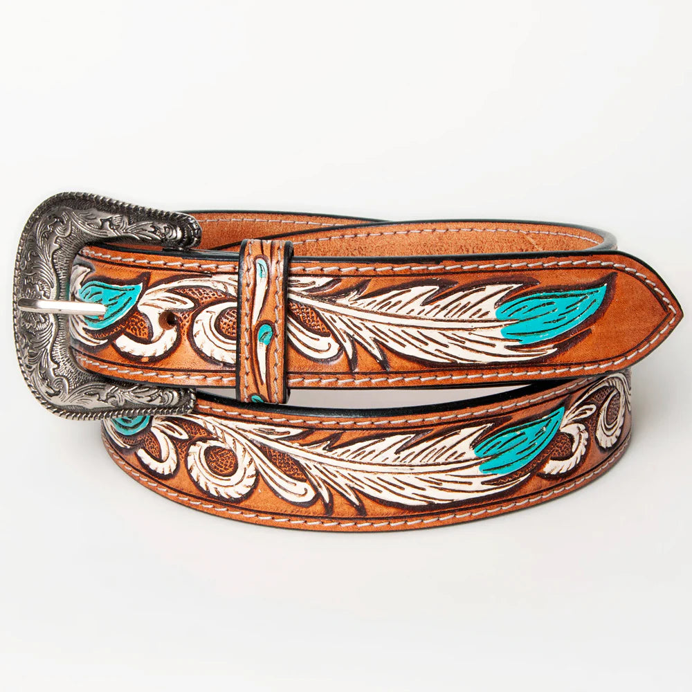 American Darling Women's Hand-Tooled Belt - White/Turquoise Feather Design - Brown