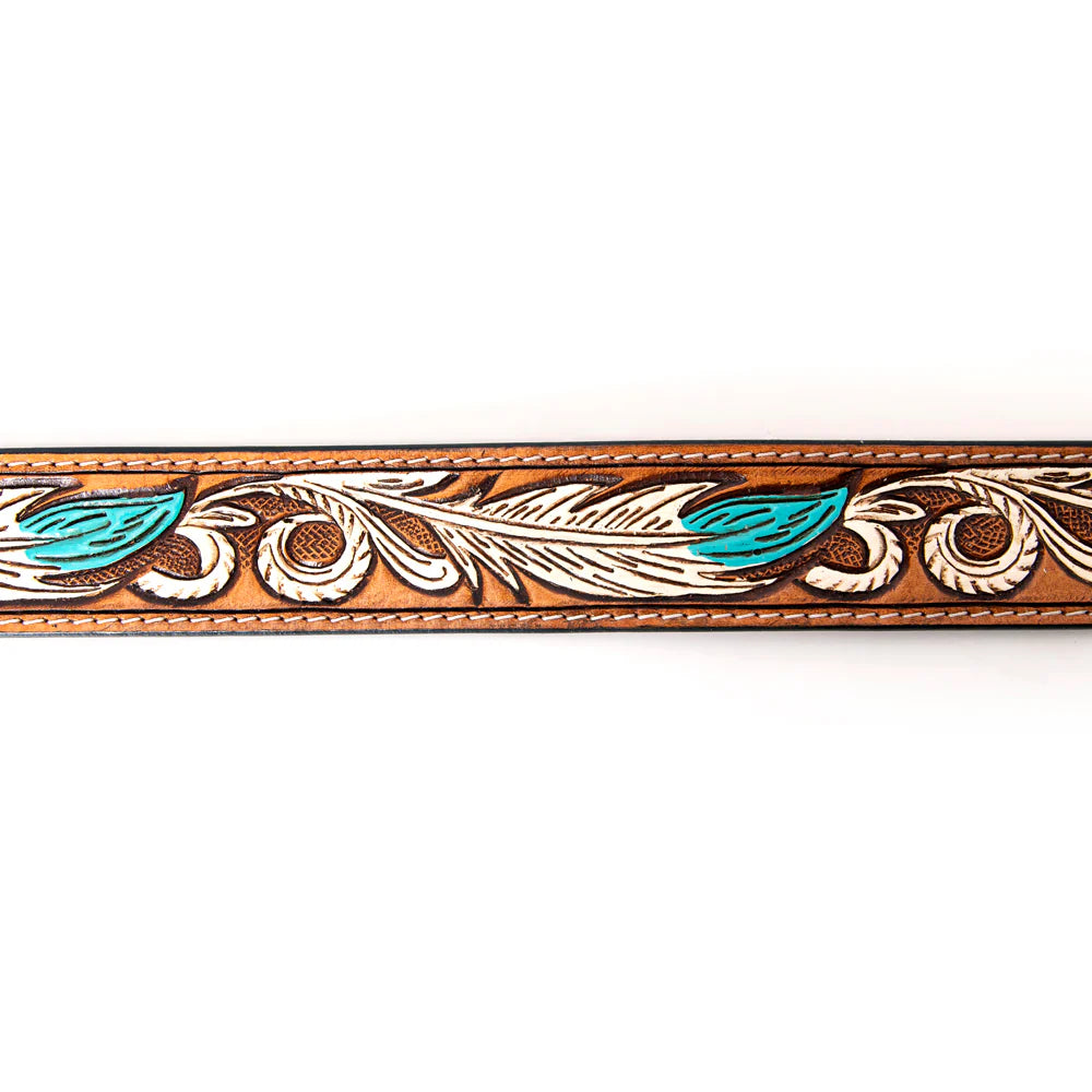 American Darling Women's Hand-Tooled Belt - White/Turquoise Feather Design - Brown