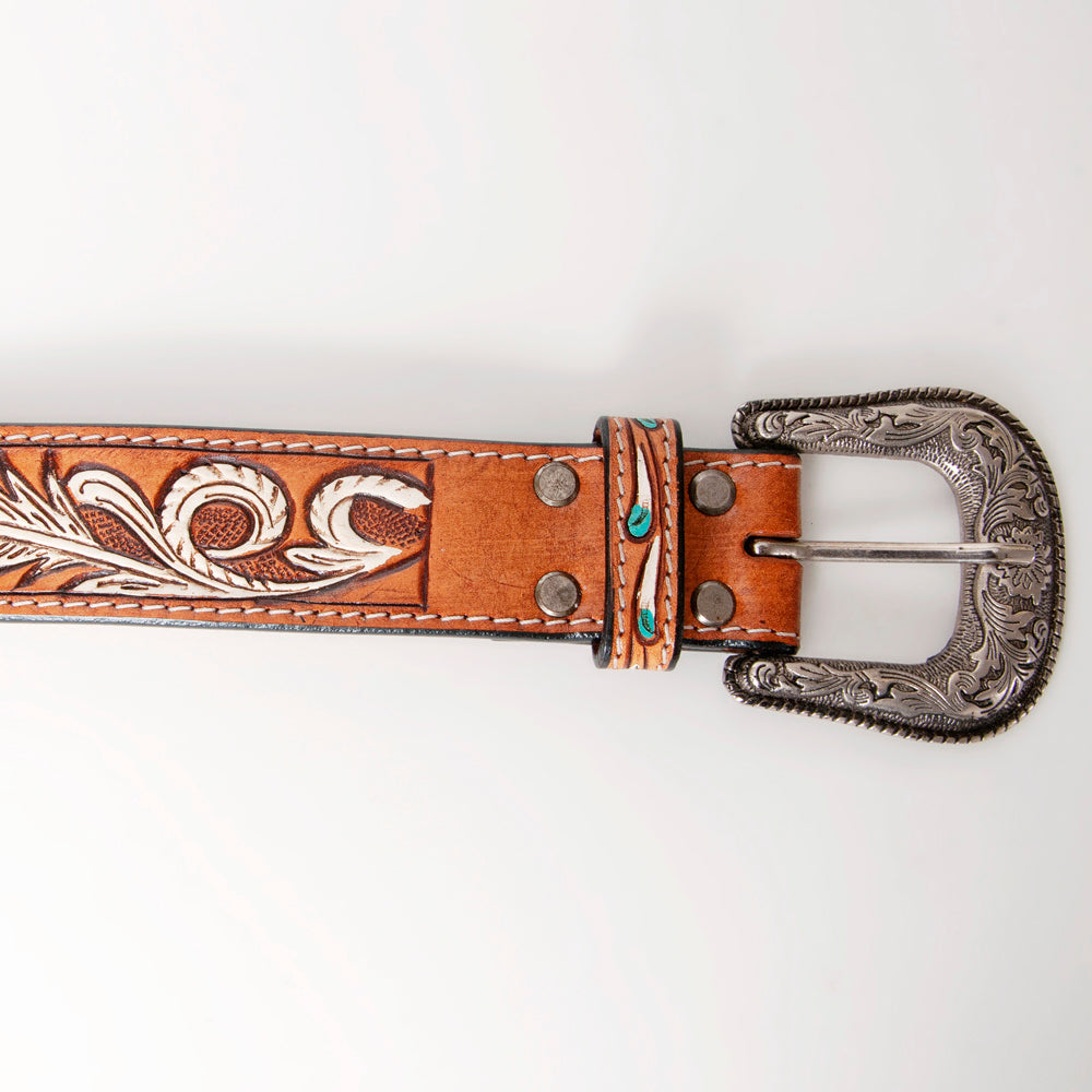 American Darling Women's Hand-Tooled Belt - White/Turquoise Feather Design - Brown