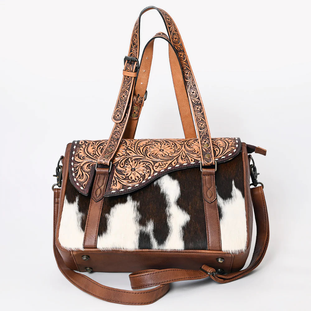 American Darling Hair-On Hand-Tooled Tote Bag - Tan w/Chocolate Brown Inlay