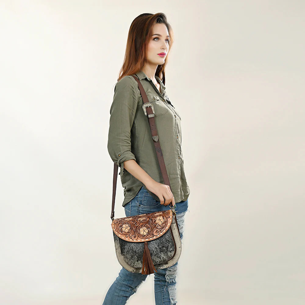 American Darling Crossbody Hand Tooled Hair On Genuine Leather  - Brown