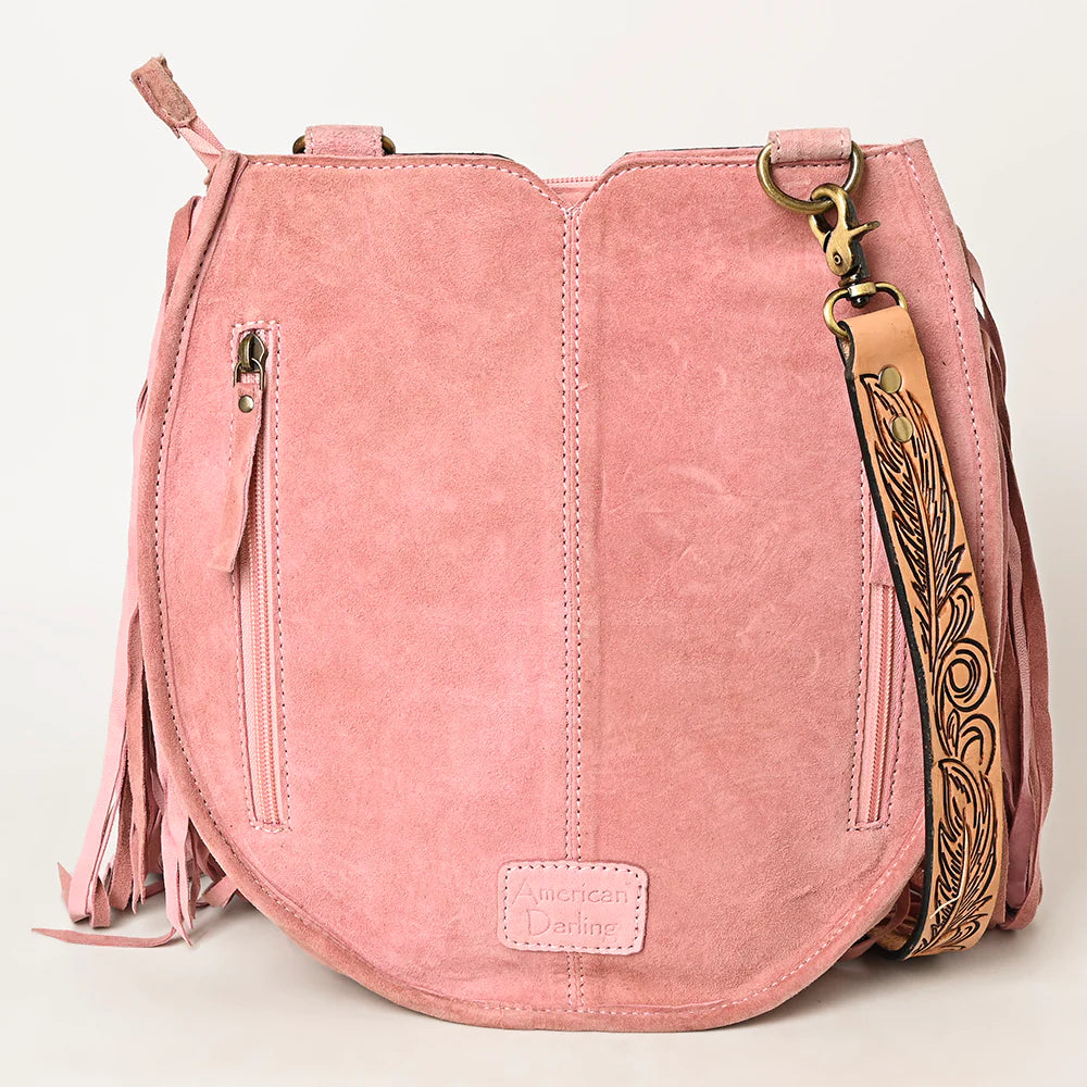 American Darling Suede Hand-Tooled Purse w/Fringe - Light Pink