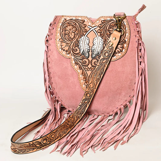 American Darling Suede Hand-Tooled Purse w/Fringe - Light Pink