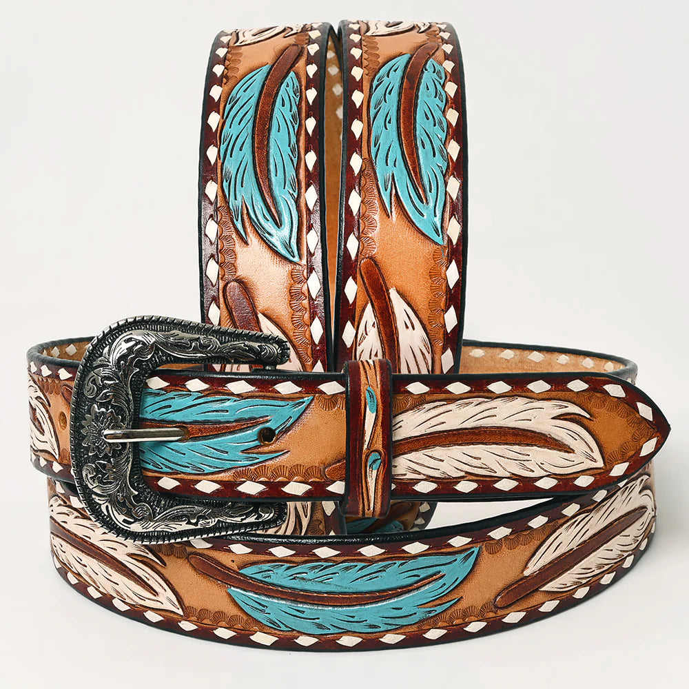 American Darling Leather Hand-Tooled Belt with Carved Feather Design - Tan/Blue/Cream