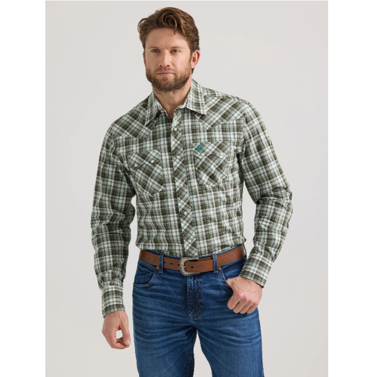 Wrangler Retro® Men's Modern Fit Long Sleeve Shirt - Olive Green Plaid