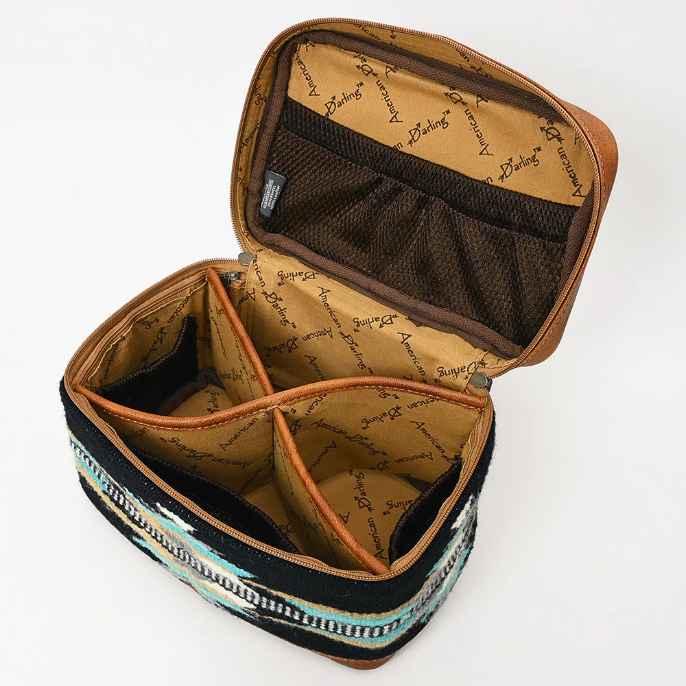American Darling Black Southwestern Aztec Pattern Wool Leather Travel Case Organizer