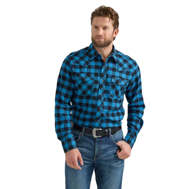 Wrangler Retro® Modern Fit Flannel Long Sleeve Snap Shirt - Blue