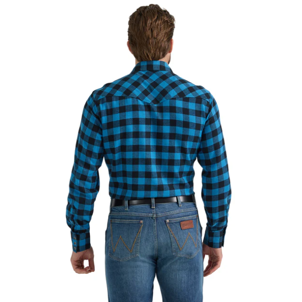 Wrangler Retro® Modern Fit Flannel Long Sleeve Snap Shirt - Blue