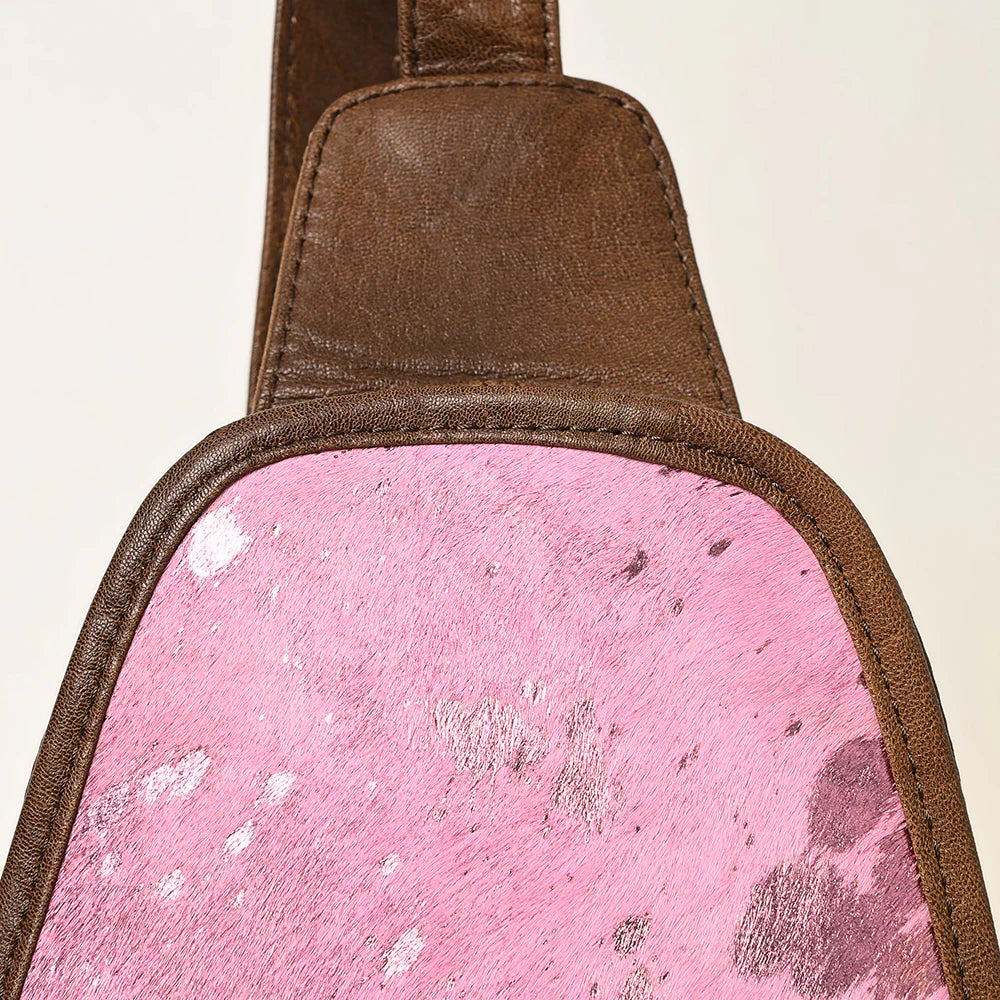 American Darling Hand-Tooled Hair-On Sling Backpack - Pink Metallic Splatter Cowhide