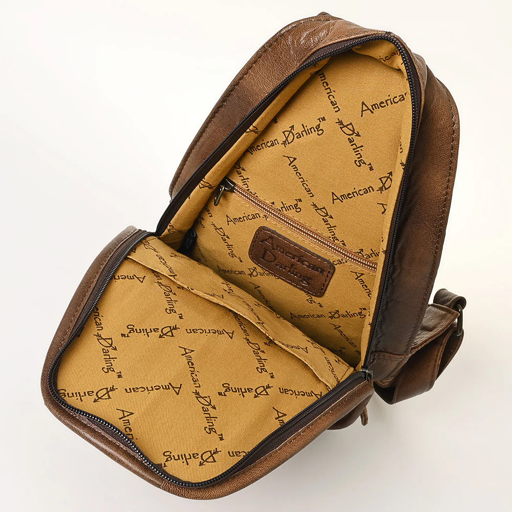 American Darling Hand-Tooled Hair-On Sling Backpack - Pink Metallic Splatter Cowhide