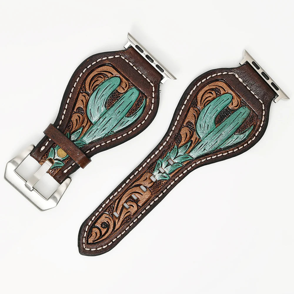 American Darling iWatch Strap - Hand Tooled Cactus Design - Brown
