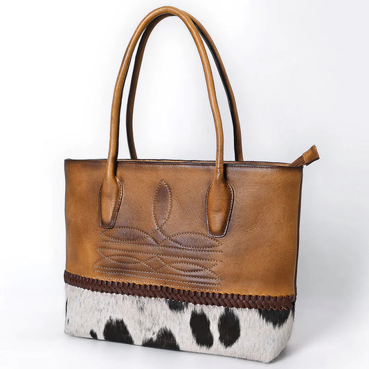 American Darling Two-Tone Cowhide & Tooled Leather Tote - Western Handbag with Braided Trim