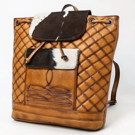American Darling Quilted Leather & Cowhide Western Backpack - Handcrafted Drawstring Rodeo Bag