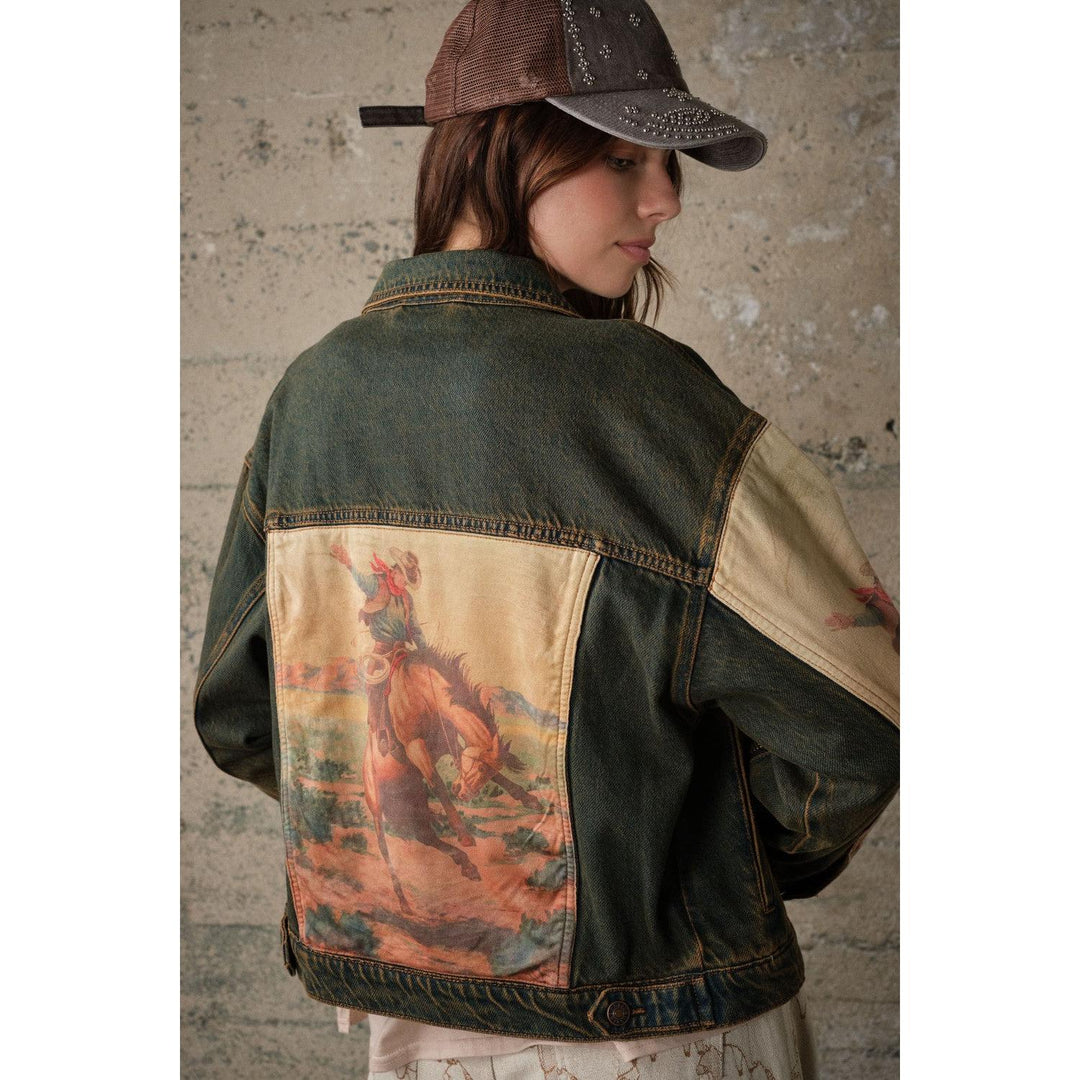 Blue B Long Sleeve Western Print Mix Denim Jacket- Dark Wash