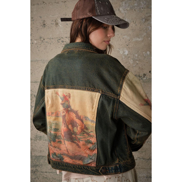 Blue B Long Sleeve Western Print Mix Denim Jacket- Dark Wash