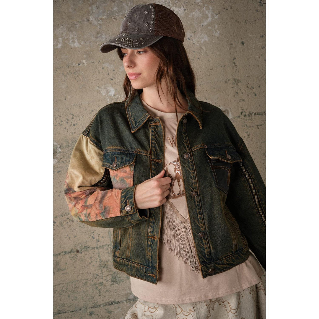 Blue B Long Sleeve Western Print Mix Denim Jacket- Dark Wash