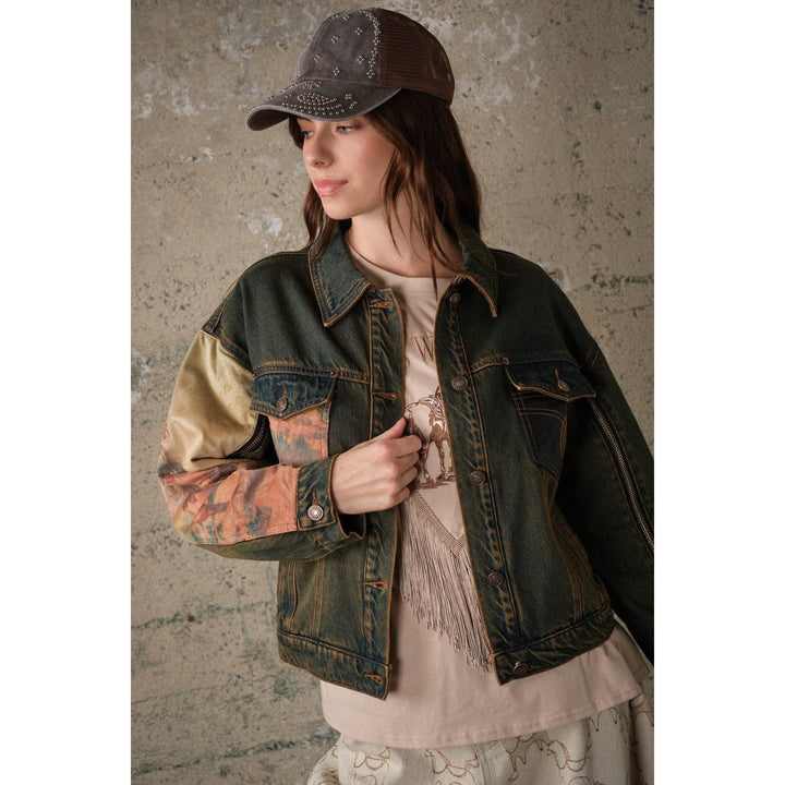 Blue B Long Sleeve Western Print Mix Denim Jacket- Dark Wash