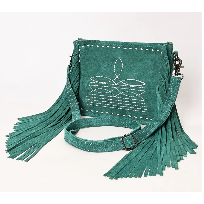 American Darling Crossbody Genuine Western Suede Leather Bag - Teal