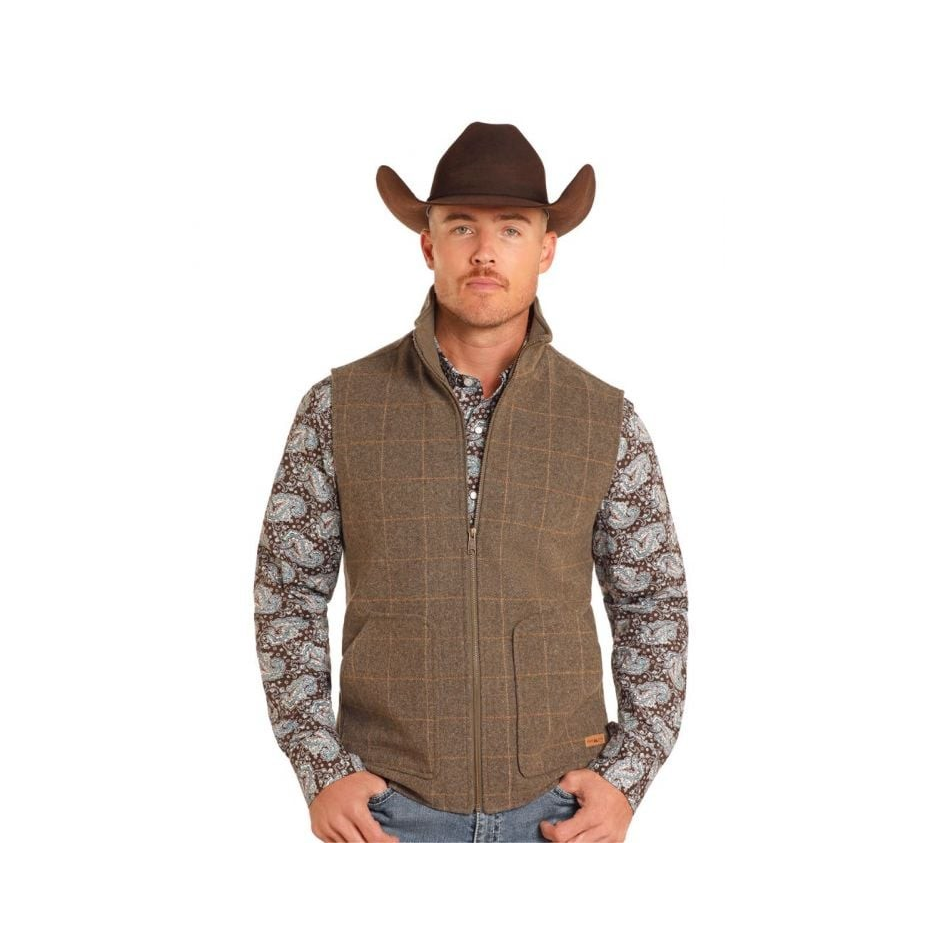 Powder River Men's Plaid Wool Vest - Taupe