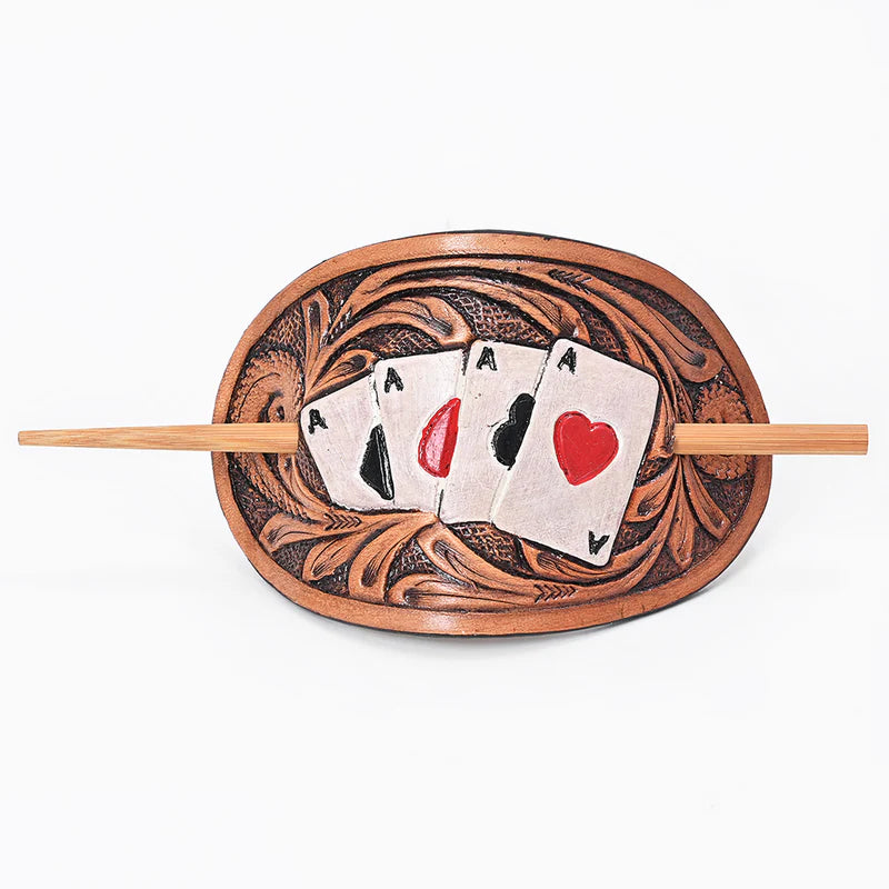 American Darling Leather Hair Stick Barrette - Playing Cards
