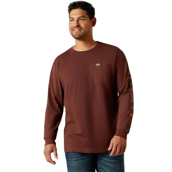 Ariat Men's Rebar Cotton Standard Logo Pocket LS Tee Shirt - Bitter Chocolate/Charcoal