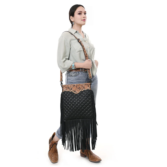 American Darling Women's Crossbody Bucket Hand Tooled Leather Bag w/Fringe