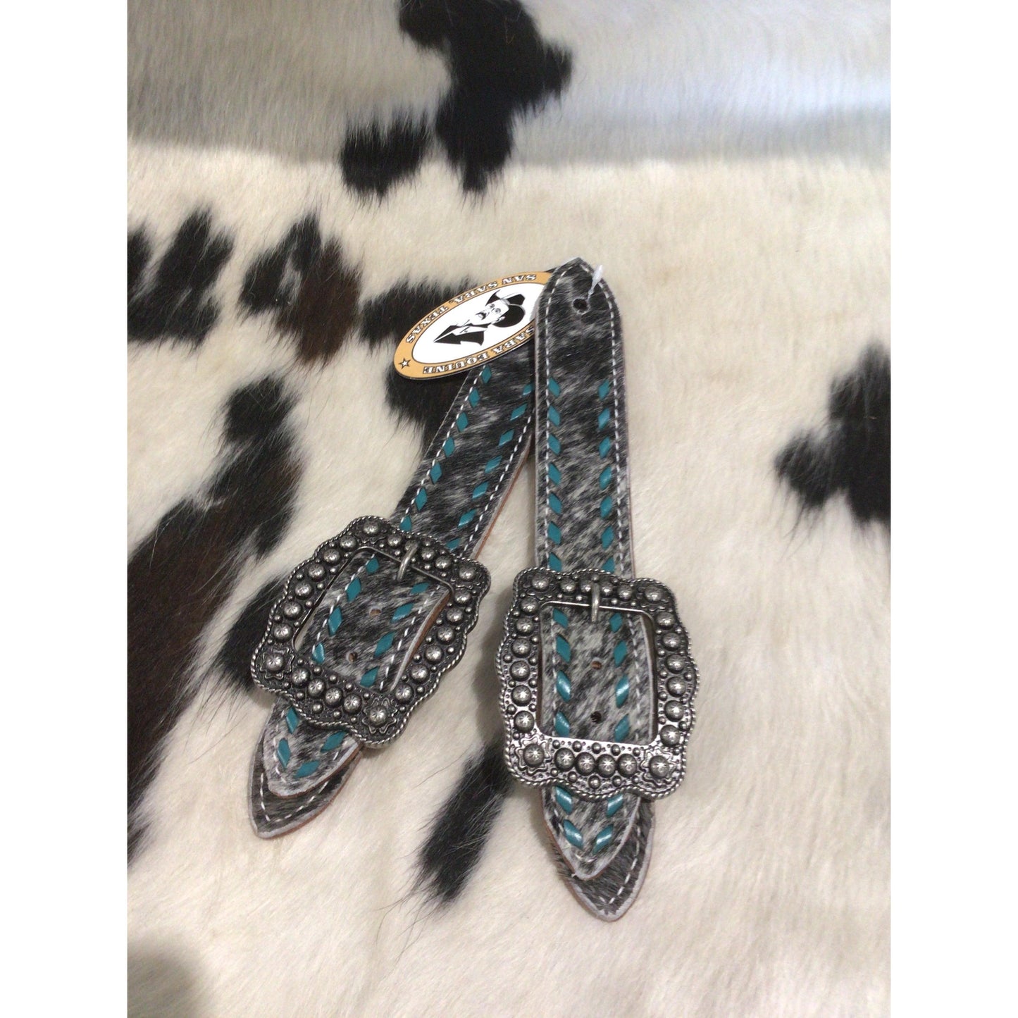 San Saba Wide Cowhide Spur Strap w/ Buckstitch- Turquoise Lace